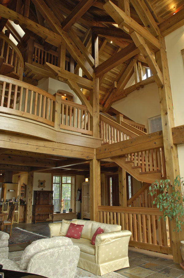 Bragg Creek timber house, custom stairs rising above great room