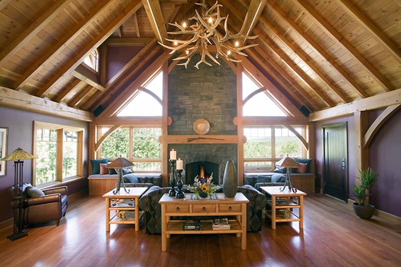 Ridgeview timber frame house great room