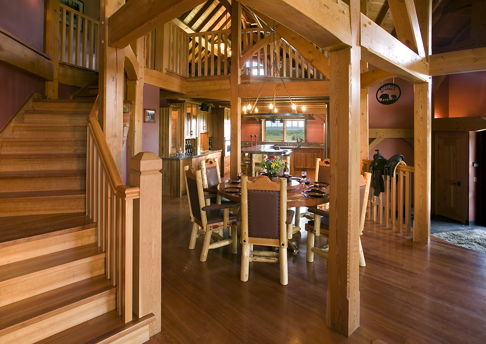 Timber framed home staircase & dining room