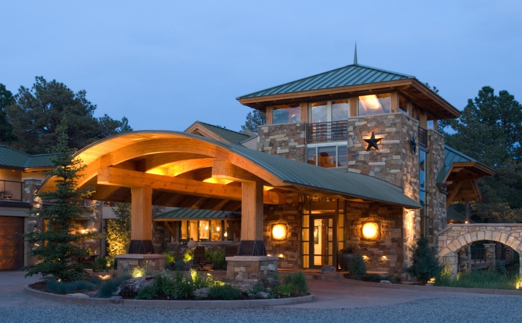 Modern timber frame entry porch of the Westcliffe home