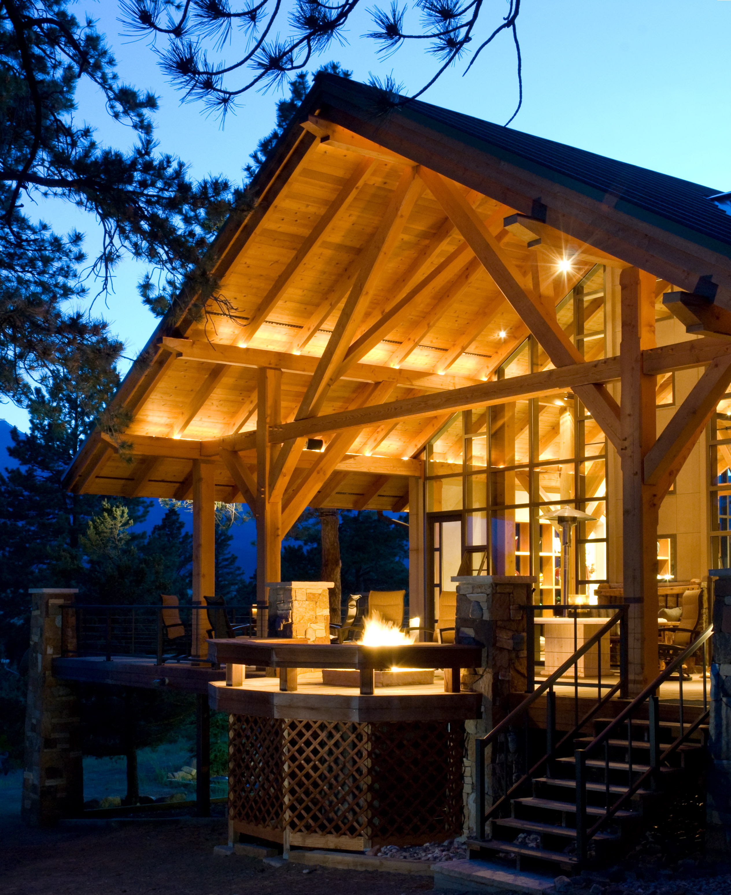 Modern timber frame entry porch of the Westcliffe home
