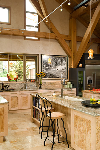 Modern timber frame house, kitchen with seating island