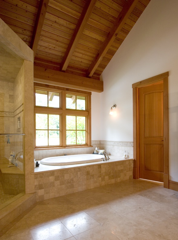 Woodland Park timber frame house, master suite bath alcove