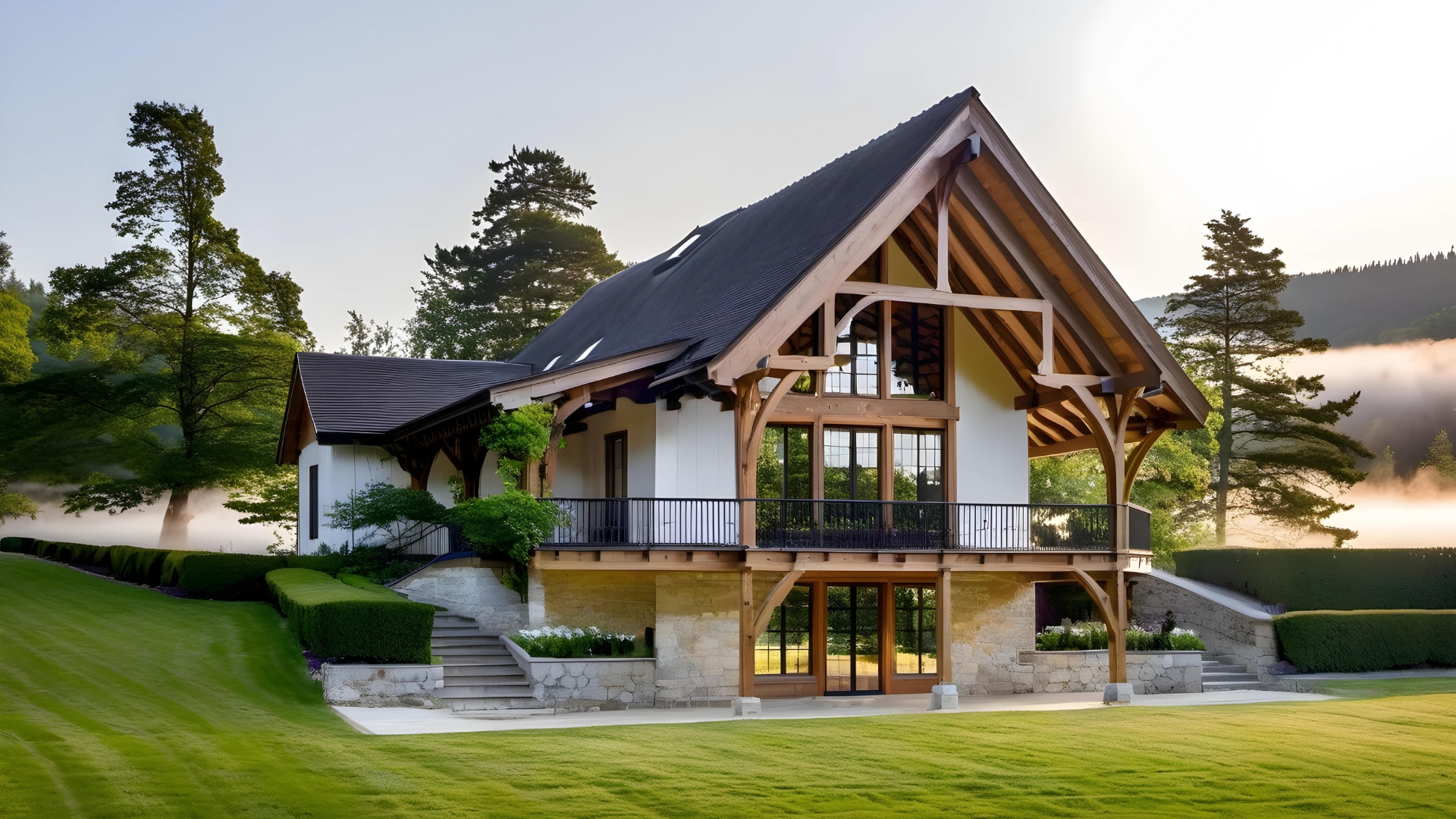 A farmhouse style timber frame home.