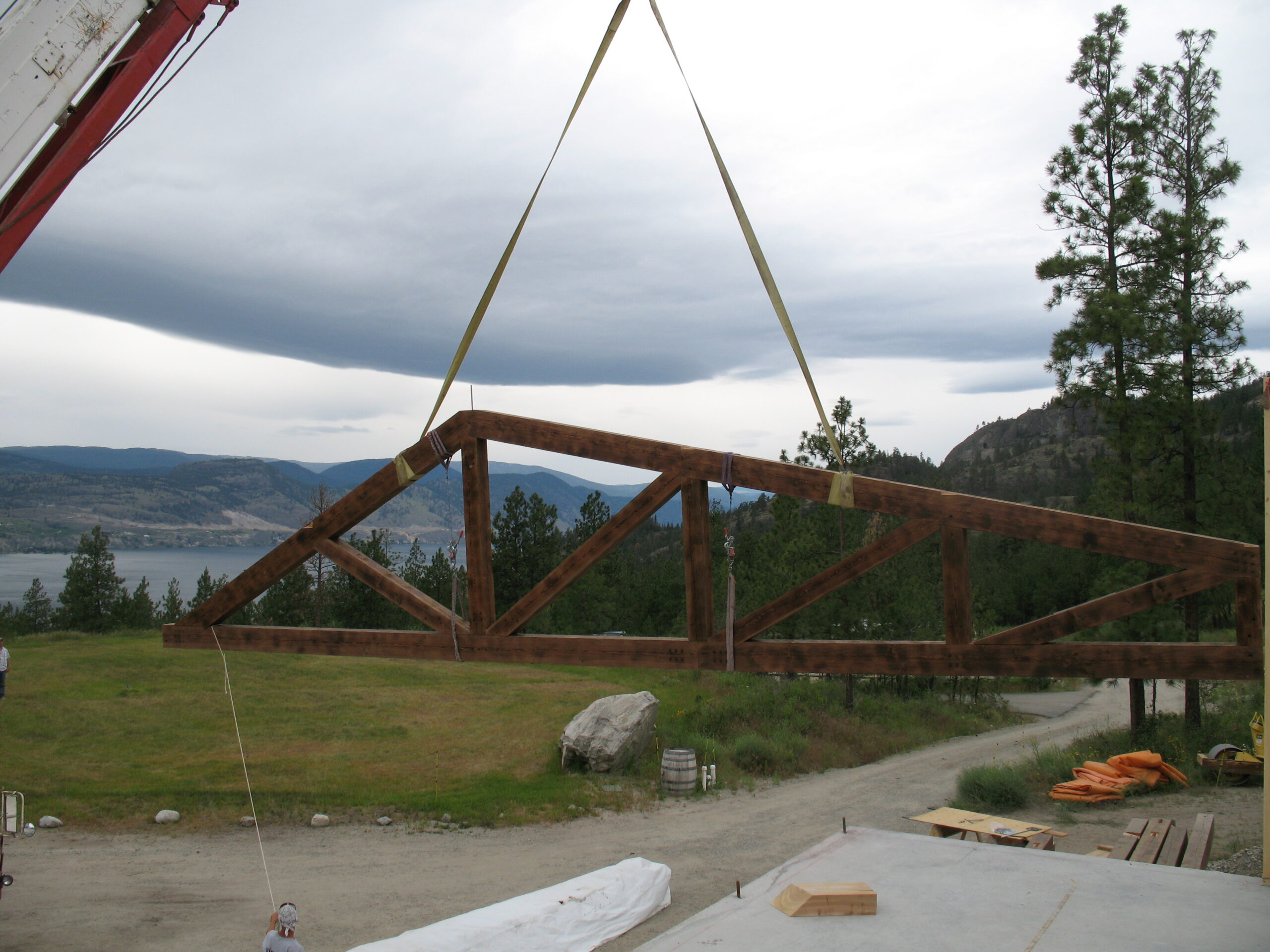 A timber frame home building constructed with sustainable practices.